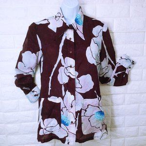 Vintage 70s Loubella Semi-Sheer Shirt Shacket -M Pockets Vents Tropical Floral